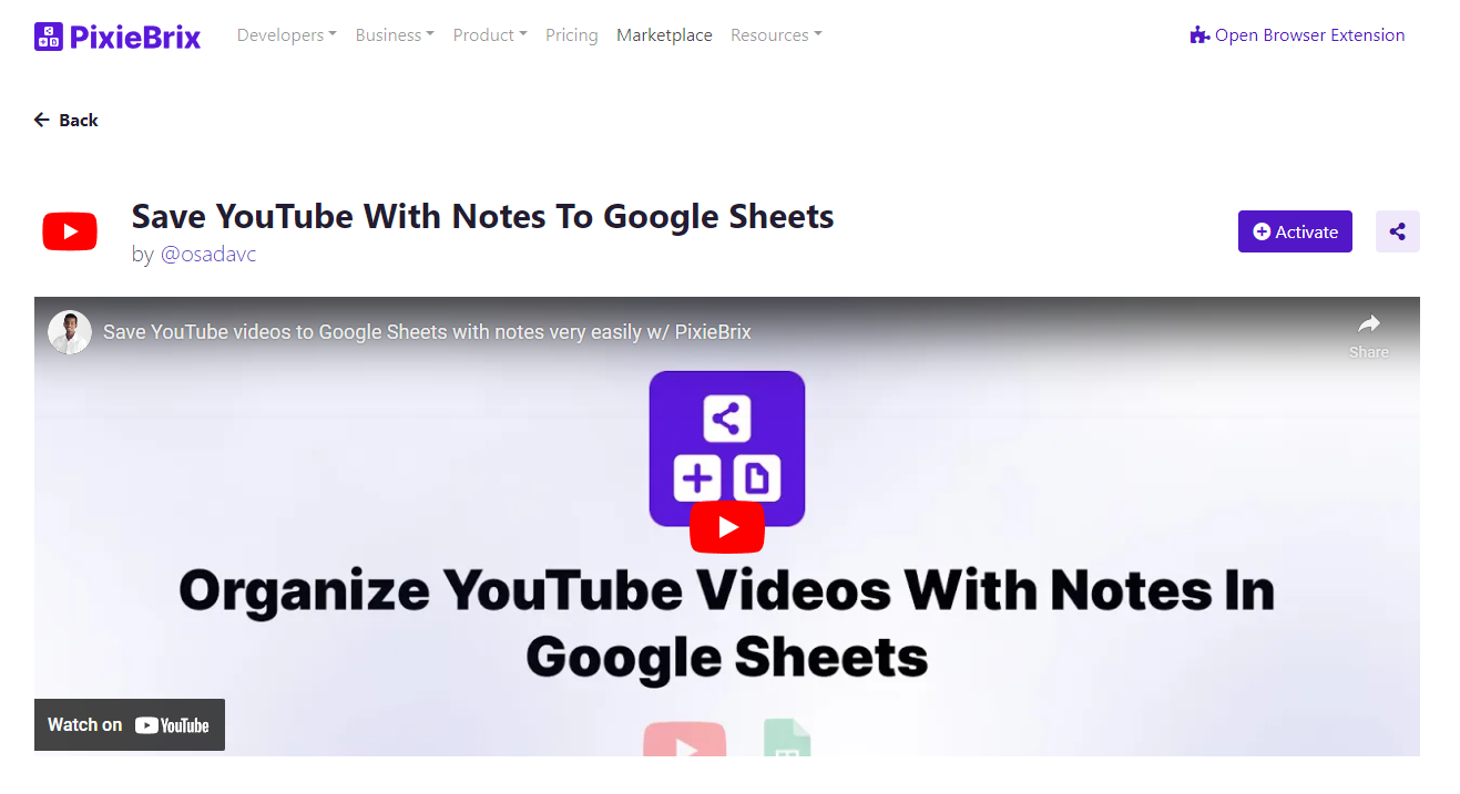 A screenshot of the save YouTube with notes to Google Sheets PixieBrix blueprint.