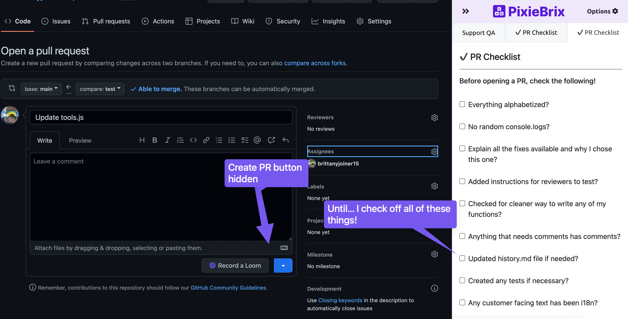 screenshot of pull request set up in github with a pixiebrix sidebar panel checklist