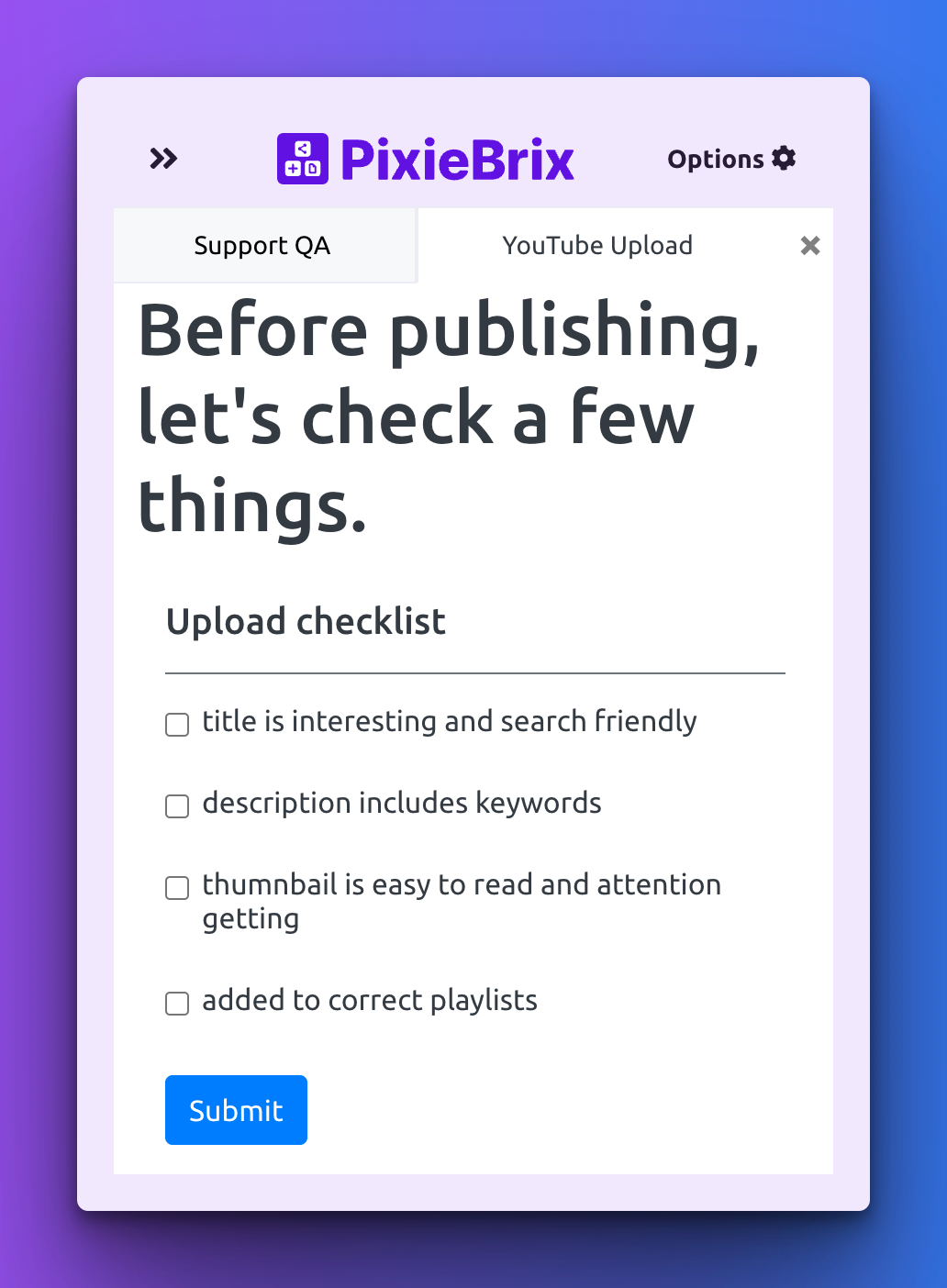 A task checklist for optimizing a YouTube video before publishing, built with PixieBrix.