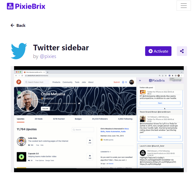 A screenshot of the Twitter sidebar on the PixieBrix marketplace.