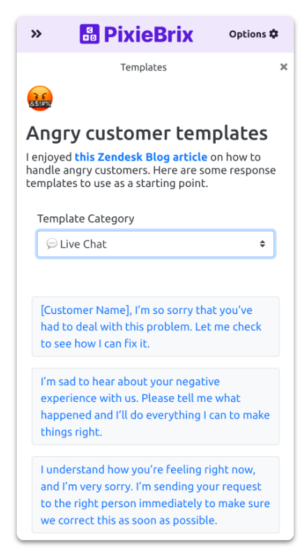 PixieBrix Quick Bar with several templated responses for angry customers