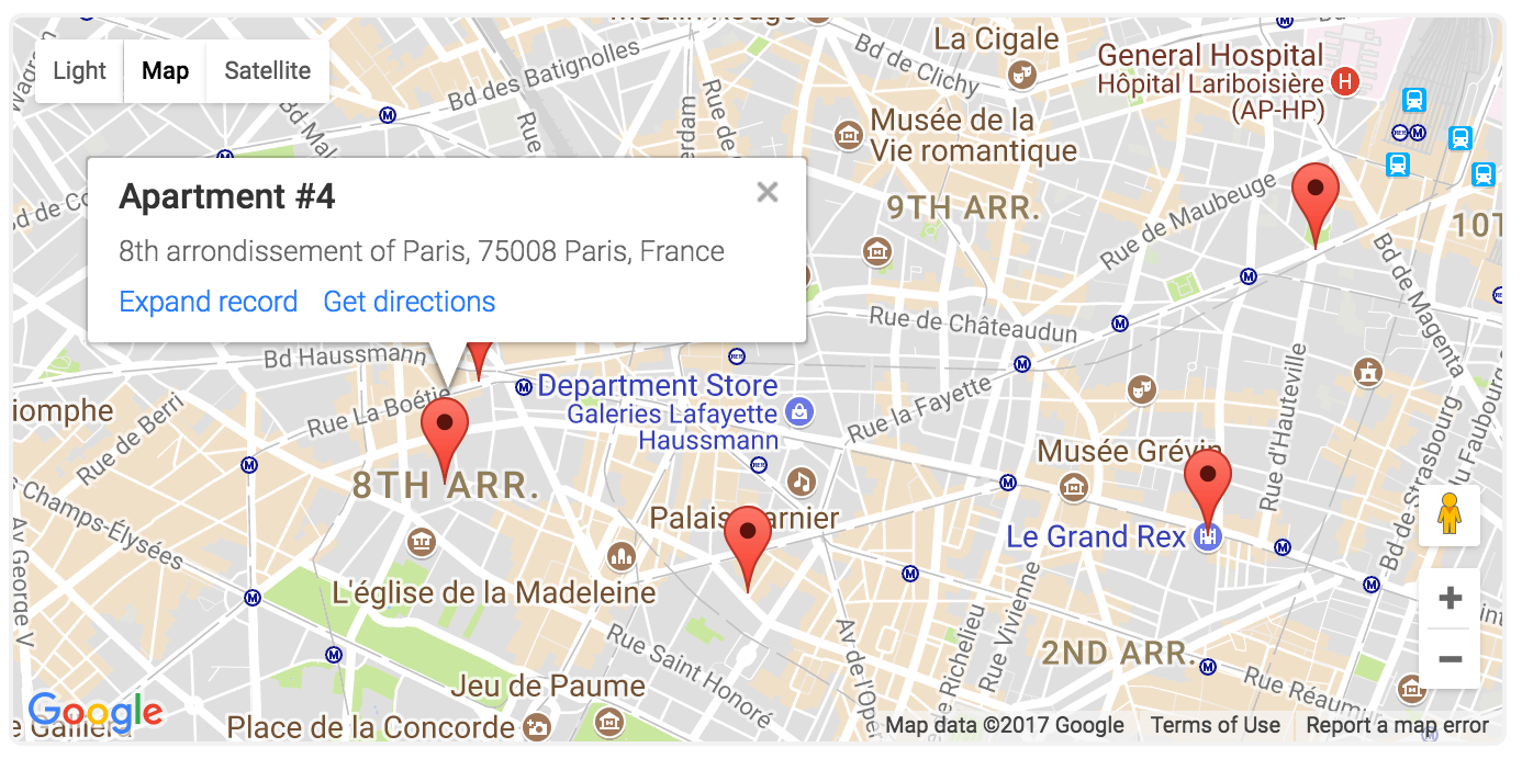 Map of a section of Paris showing pins dropped from Airtable address records using the Map Airtable extension