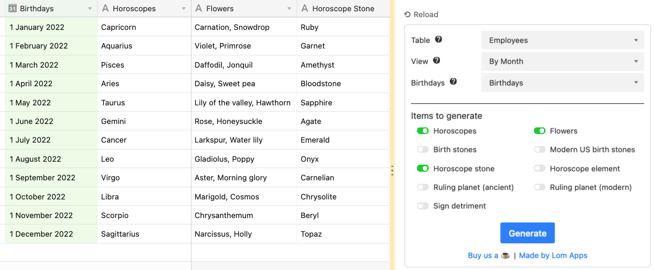 The Airtable extension "Astrology Calculator" in action, showing records in a base sorted by birthday, horoscopes, flowers, and horoscope stones.