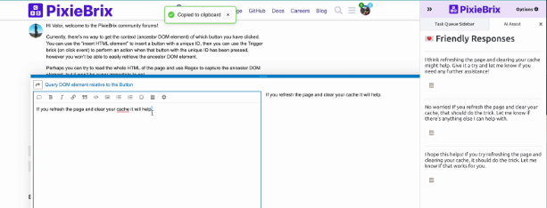 A screenshot of a PixieBrix mod that supplies friendly responses from OpenAI.