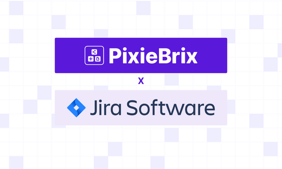 Logos for PixieBrix and Jira, representing a blog post about creating Jira issues from anywhere with PixieBrix.
